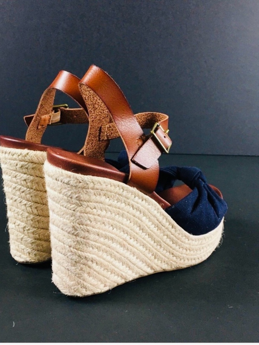 MIA Navy Lorryan Knot Espadrille Wedge Sandals with Tan Ankle Strap - Picture 5 of 10